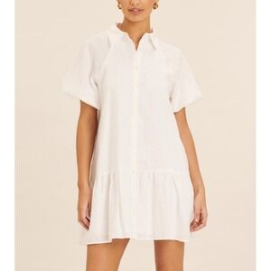 AERE Puff Sleeve Linen Mini Dress Womens 12 Drop Waist Button Up White